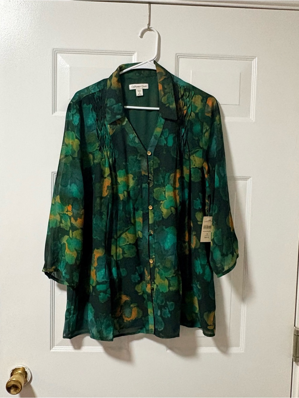 Coldwater Creek Teal and Green Impressionist Floral Button-Front Blouse